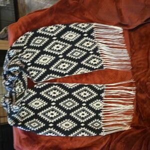 Long black and white boho print, lightweight fleece scarf with silky fringe